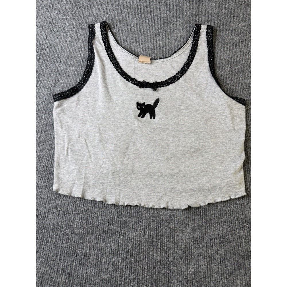 No Boundaries Y2K Gray Crop Tank Top Black Lace‎ Trim Cat Graphic Size M